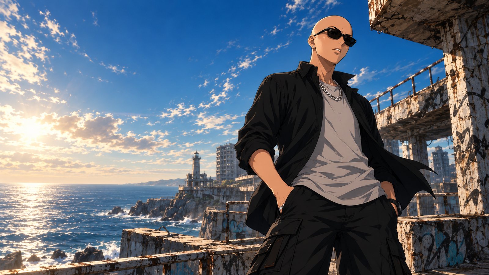 DELKAYO anime character standing among coastal ruins by the sea